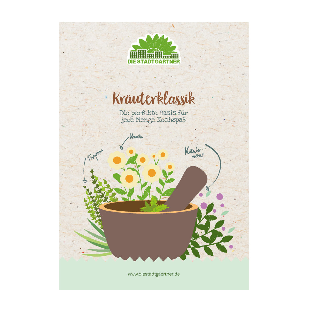 Illustration eines Mörser und Stößels mit Kräutern und Blumen, Text "Kräuterklassik" und das Logo der Stadtgärtner, Werbung für Kochzutaten.