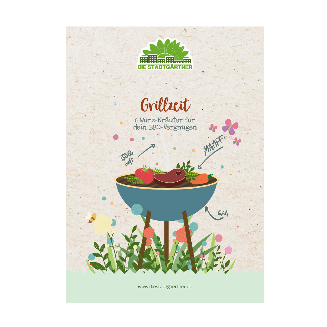 Illustration einer Grillparty mit Kräutern und Gemüse auf einem Grill, Werbung für "Die Stadtgärtner" mit dem Slogan "Grillzeit - 6 Würz-Kräuter für dein BBQ-Vergnügen".