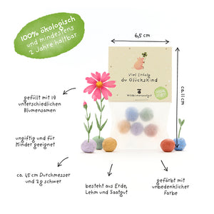 Verpackung mit bunten Samenbällchen, beschriftet mit Informationen wie 100% ökologisch, gefüllt mit 19 verschiedenen Blumensamen, ungiftig, für Kinder geeignet und aus Erde, Lehm und Saatgut bestehend.