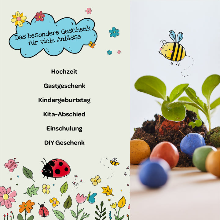Kreative Grafik mit Vorschlägen für besondere Geschenke zu verschiedenen Anlässen, umgeben von gezeichneten Blumen, einem Marienkäfer und einer Biene sowie einem Foto von Keimlingen und farbigen Eiern im Erdreich.