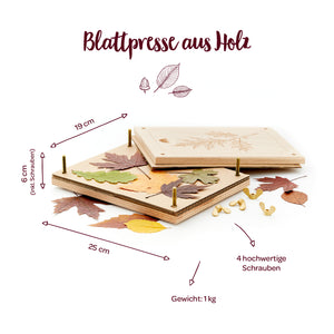 Holz-Blattpresse mit bunten BlĂ€ttern, vier Schrauben und MaĂen 25 x 19 x 6 cm, Gewicht 1 kg.