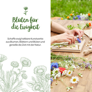 Person legt bunte Blumen und Blätter auf ein Brett zur Herstellung eines Blumenpress-Bildes, daneben Text: „Blüten für die Ewigkeit“.