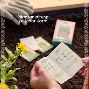 Zwei Hände halten eine Pflanzanleitung über einem Beet mit Blumen, im Hintergrund Samenpäckchen und Gartenhandschuhe.