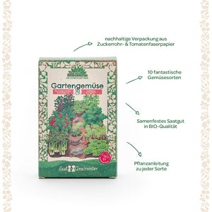 Verpackung für Gartengemüse-Saatgut von "Die Stadtgärtner" mit nachhaltiger Verpackung, 10 verschiedenen Gemüsesorten, samenfestem Bio-Saatgut und Pflanzanleitung zu jeder Sorte.