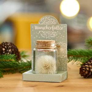 Ein Glas mit Korken, das eine Pusteblume enthält, steht auf einem Holztisch neben Tannenzweigen und Zapfen.