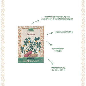 Saatgutverpackung für Erdnüsse mit nachhaltiger Verpackung aus Zuckerrohr- und Tomatenfaserpapier; Hinweise auf wiederverschließbare Verpackung, samenfestes Saatgut und Pflanzanleitung.