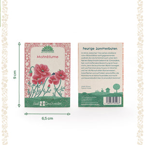 Zwei Saatgut-Tütchen der Marke "Die Stadtgärtner" für Mohnblumen, Vorderseite mit Illustration roter Mohnblumen, Rückseite mit Beschreibungstext, Gesamtgröße 9 x 6,5 cm.