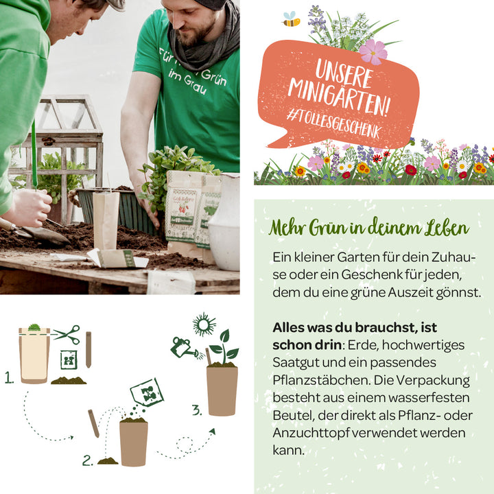 Zwei Personen pflanzen in einem Mini-Garten, umgeben von Pflanzensäcken und Gartenwerkzeug, Text über Minigärten als Geschenkidee.