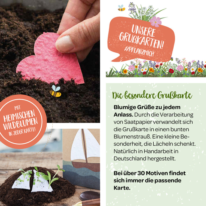 Eine Hand, die eine herzförmige Saatpapierkarte in Erde pflanzt, Werbung für Grußkarten mit heimischen Wildblumen, handgemacht in Deutschland.