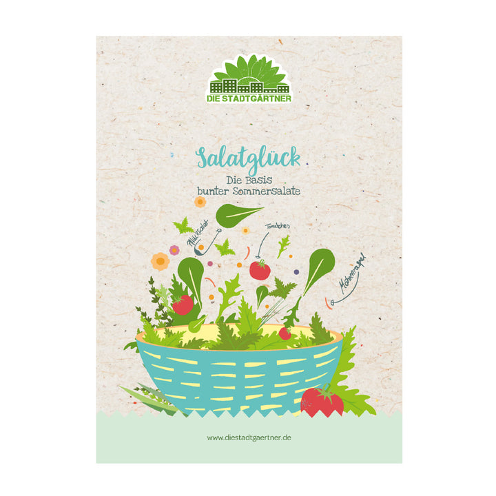 Illustration eines blauen Salatkorbs gefüllt mit verschiedenen frischen Salaten und Gemüsen, Logo und Text 'Die Stadtgärtner - Salatglück, Die Basis bunter Sommersalate', Website-Adresse unten"