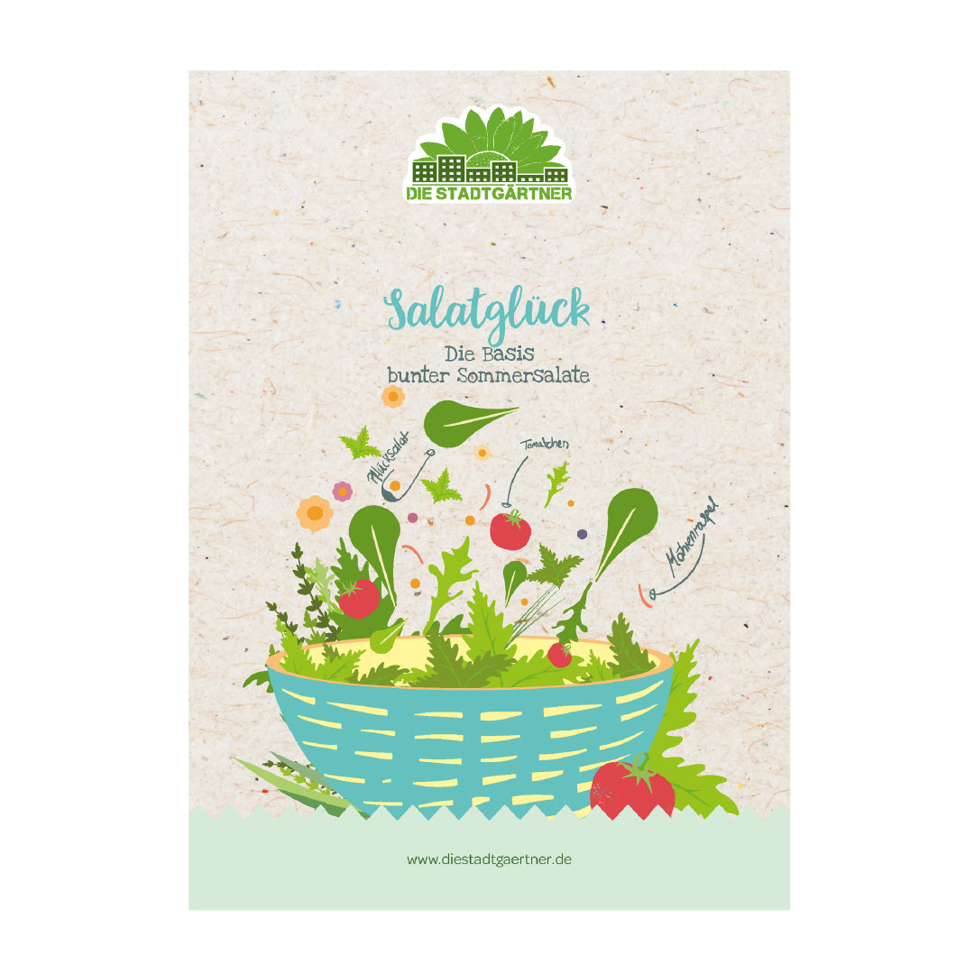Illustration eines blauen Salatkorbs gefüllt mit verschiedenen frischen Salaten und Gemüsen, Logo und Text 'Die Stadtgärtner - Salatglück, Die Basis bunter Sommersalate', Website-Adresse unten"