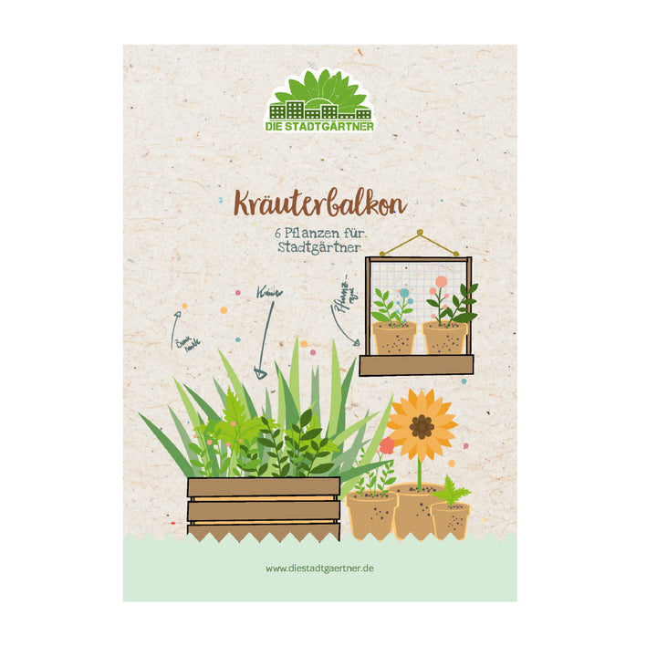 Illustration eines Kräutergarten-Konzepts für den Balkon mit einer Auswahl von Pflanzen und einer Webseite-Adresse.