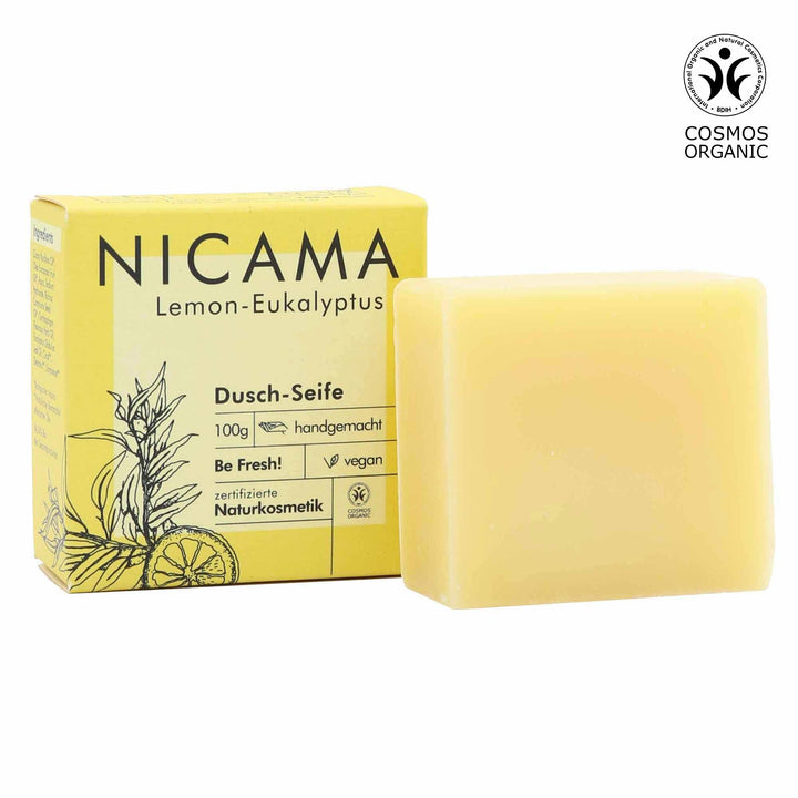 NICAMA Zitronen-Eukalyptus Dusch-Seife mit Verpackung und Vegan-Siegel.