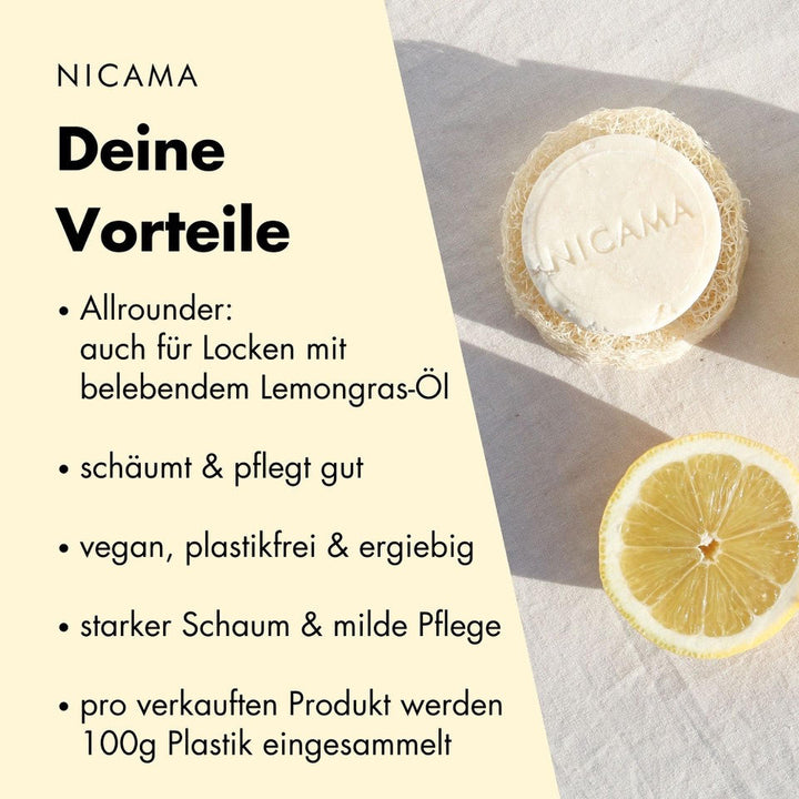 Werbebild für NICAMA Naturkosmetik mit Vorteilen des Produkts, einer Seife und einer Zitronenhälfte auf hellem Hintergrund.