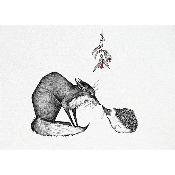Illustration eines Fuchses und eines Igels, die sich unter einem Mistelzweig die Nasen berühren.