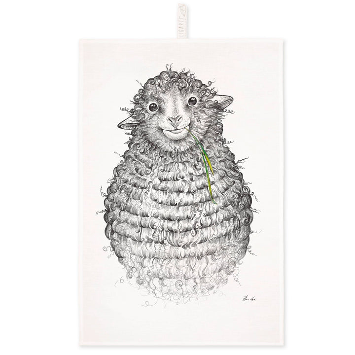 Illustration eines lächelnden Schafs mit üppigem Fell, das eine grüne Pflanze im Mund hält.