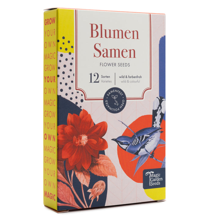 "Verpackung von Blumensamen mit Abbildungen einer roten Blume und eines blauen Vogels, sowie dem Text '12 Sorten wild & farbenfroh'."