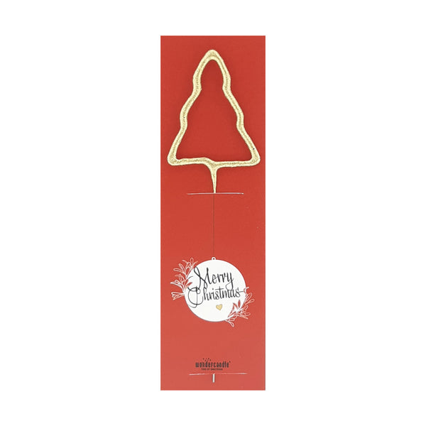 Rote Weihnachtskarte mit goldenem Tannenbaum und "Merry Christmas" Schriftzug.