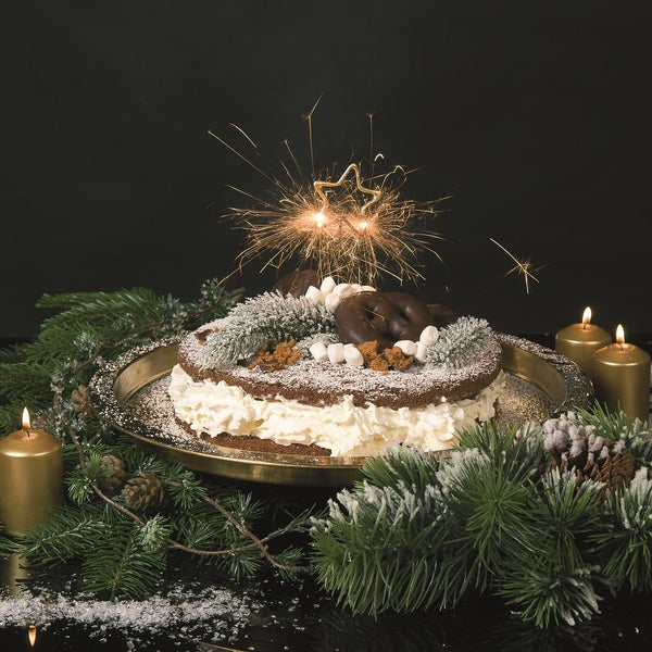 Festlich dekorierter Weihnachtskuchen mit Wunderkerzen, umgeben von Tannenzweigen und brennenden Kerzen