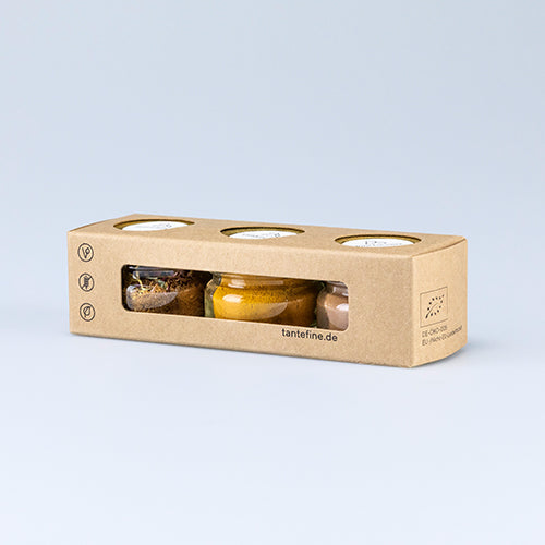 Kartonverpackung mit drei Gläsern Honig von tantefine.de