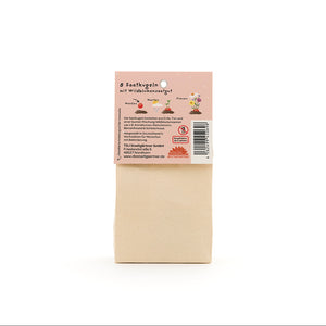 Papiertüte mit einem Etikett, das 8 Saatkugeln mit Wildblumensaatgut beschreibt, sowie Informationen zur Anwendung und Herstellerangaben auf Deutsch zeigt.