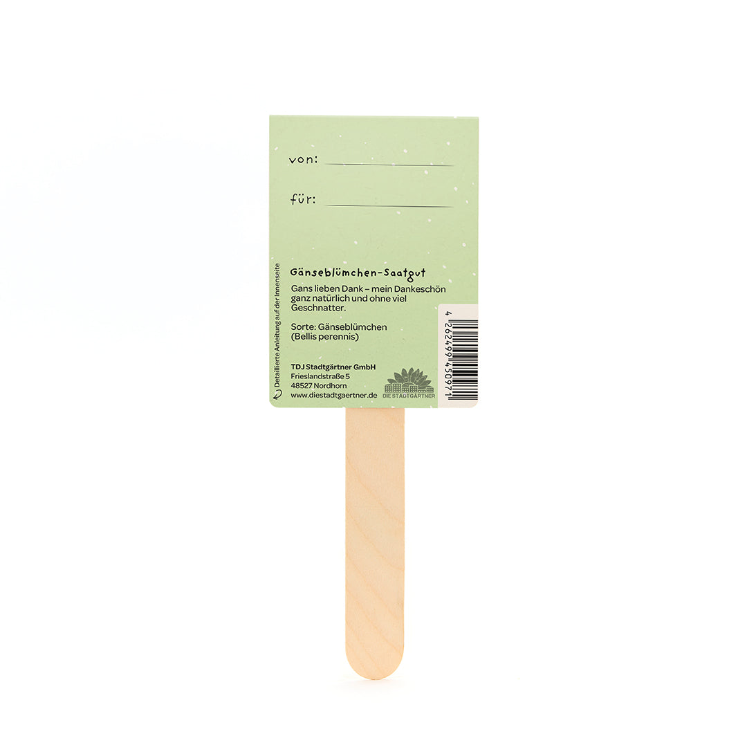 Rückseite eines grünen Samentütchens für Gänseblümchen mit Holzstab, Beschriftungsfeldern "von" und "für" sowie Produktinformationen auf Deutsch.
