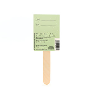 Rückseite eines grünen Samentütchens für Gänseblümchen mit Holzstab, Beschriftungsfeldern "von" und "für" sowie Produktinformationen auf Deutsch.