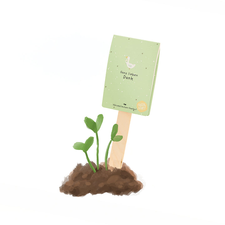 Illustration von jungen Pflänzchen, die aus der Erde sprießen, daneben ein Holzstab mit einem grünen Schild, auf dem „Gans lieben Dank“ und eine Zeichnung einer Gans zu sehen sind.