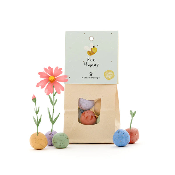 Blumenmurmeln in einer Papiertüte mit Sichtfenster