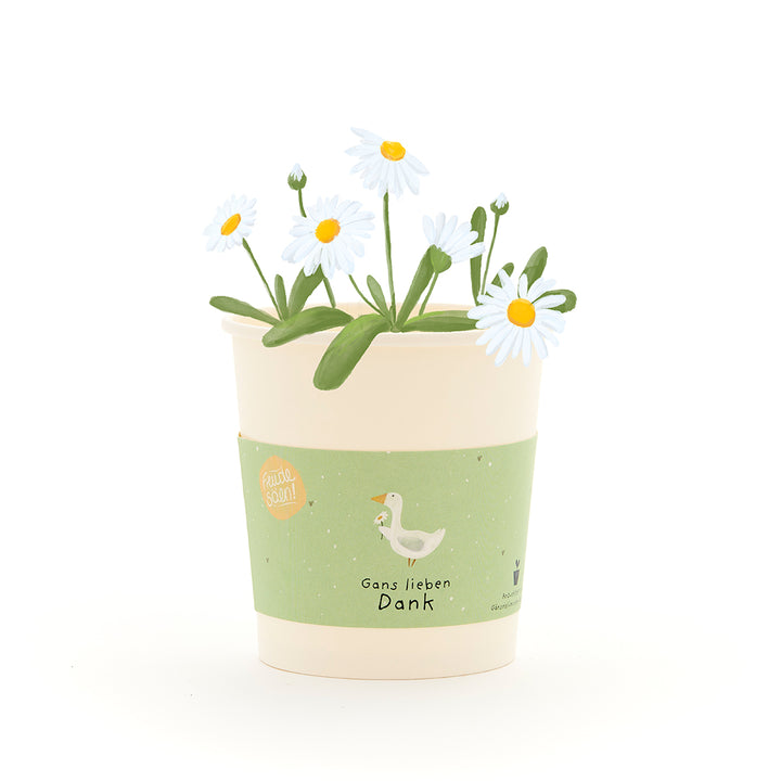 Ein cremefarbener Blumentopf mit weißen Gänseblümchen und grünem Etikett, darauf eine gezeichnete Gans und der Text "Gans lieben Dank".