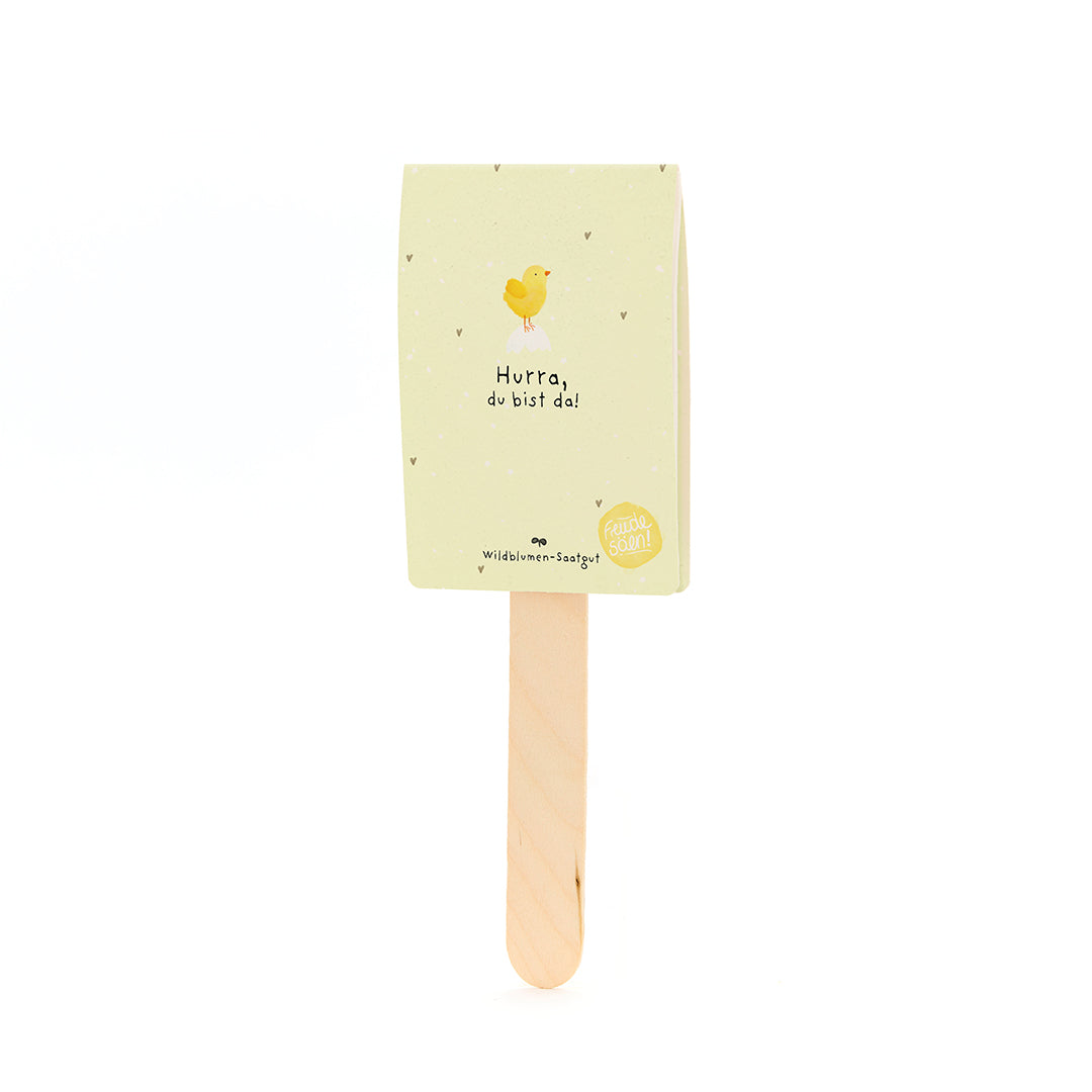 Gelbe Karte mit Küken-Illustration und Text "Hurra, du bist da!" auf einem Holzstab.