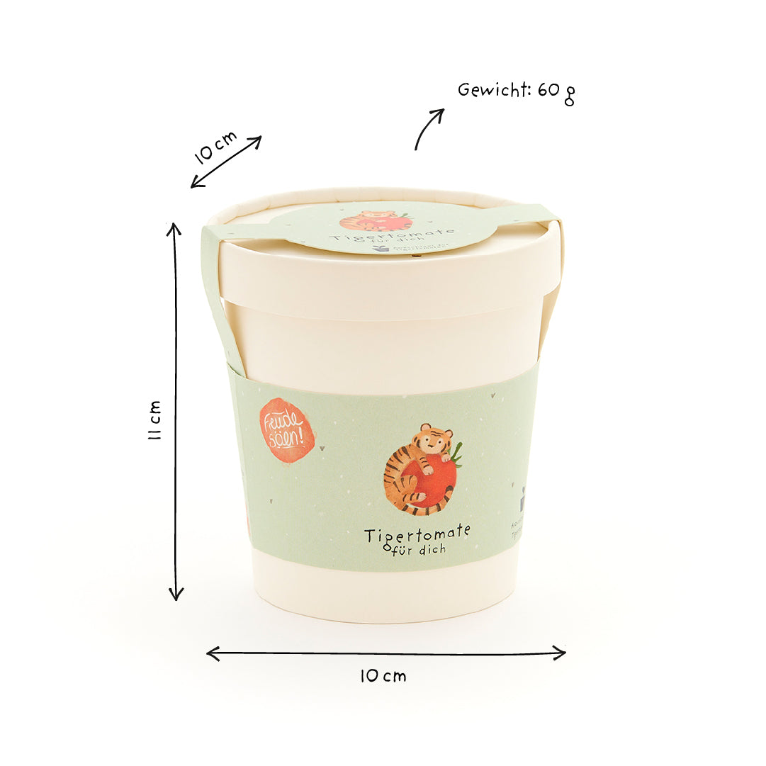 Becher mit Tigertomate-Illustration, 11 cm hoch, 10 cm Durchmesser, Gewicht 60 g.