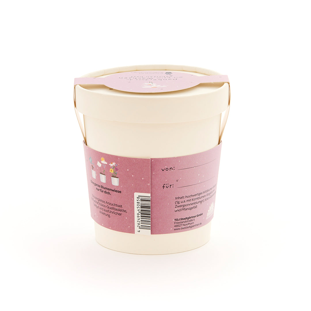 Beiger Blumentopf mit rosa Etikett, auf dem Informationen und Platz für „von“ und „für“ stehen.