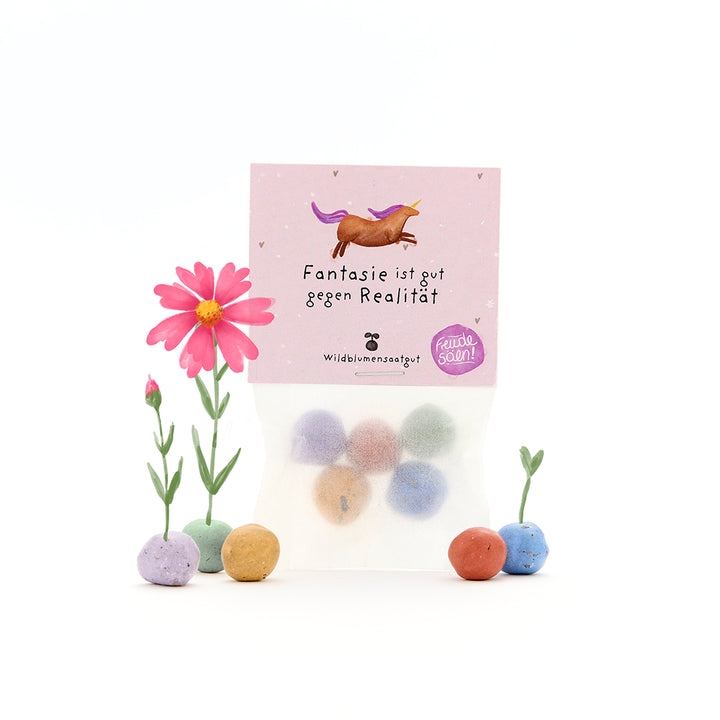Tüte mit bunten Samenbällen, zwei blühenden Blumen und der Aufschrift "Fantasie ist gut gegen Realität" auf einer pinken Karte mit Einhorn.