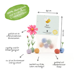Tüte mit bunten Samenbällchen "Bee Happy", biologisch, ca. 6,5 x 11 cm groß, gefüllt mit 19 verschiedenen Blumensamen, kinderfreundlich, aus Erde, Lehm und ungiftigen Farben.