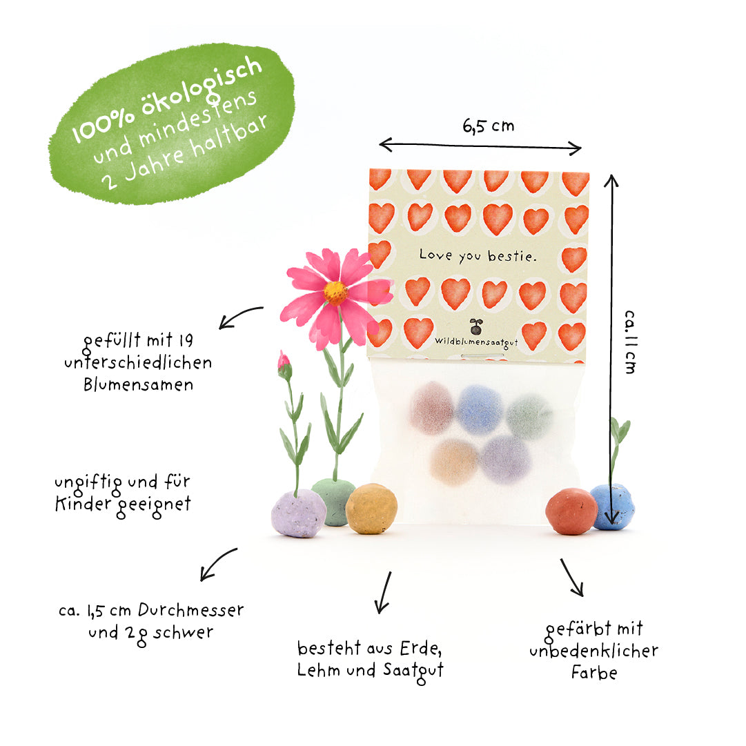 Ein Paket mit bunten Samenkugeln in einer Tüte mit Herz-Muster und der Aufschrift "Love you bestie", umgeben von erklärenden Texten, dass die Kugeln ökologisch, ungiftig, für Kinder geeignet und mit verschiedenen Blumensamen gefüllt sind.