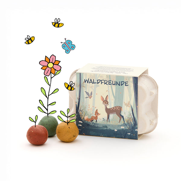 6 bunte Blumenmurmeln im Eierkarton - Waldfreunde