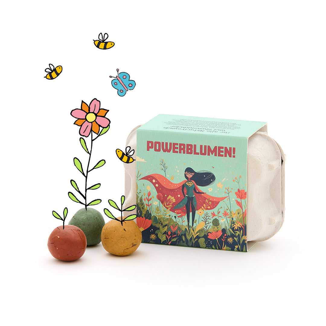 6 bunte Blumenmurmeln im Eierkarton - Powerblumen I Kindergeburstag I Schatzsuche