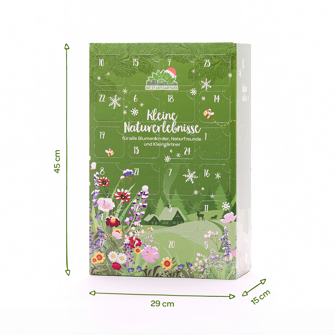 Grüner Adventskalender mit Blumenmotiven, der 45 cm hoch, 29 cm breit und 15 cm tief ist.