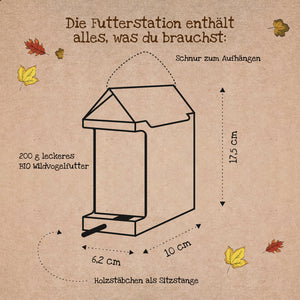 Skizze einer Futterstation mit Beschriftungen auf Deutsch, die Maße und Bestandteile wie Schnur zum Aufhängen, Holzstäbchen als Sitzstange und 200 g BIO Wildvogelfutter zeigen.