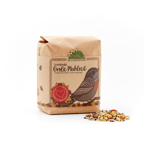 Papiertüte mit Vogelzeichnung und der Aufschrift "Große Mahlzeit – Futter für Wild- und Singvögel" neben einer kleinen Portion Vogelfutter auf weißem Hintergrund.