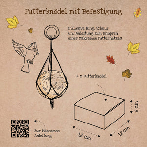 Illustration eines Futterknödels mit Makramee-Befestigung, Vogel, Herbstblätter, Beschreibung und Verpackungsgröße in Deutsch.