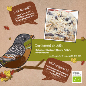 Illustration eines Vogels neben einem Foto eines Vogelfutterknödels mit Text, der natürliche Zutaten, biologische Qualität und artgerechte Fütterung hervorhebt.