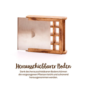 Holzkasten mit herausziehbarem Metallboden, geeignet zum schonenden Herausnehmen von Pflanzen.