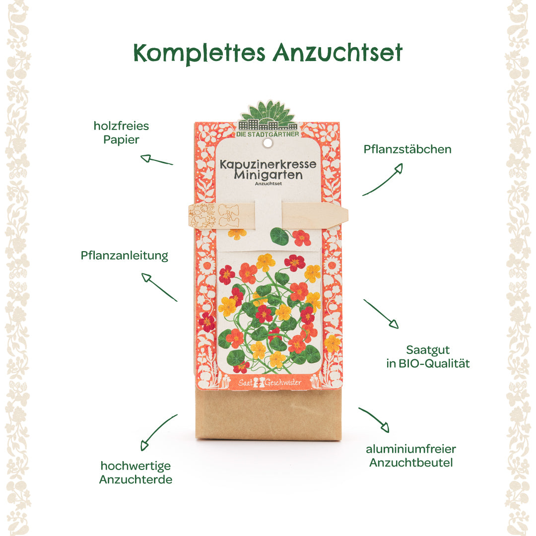 Komplettes Anzuchtset für Kapuzinerkresse mit Pflanzanleitung, Pflanzstäbchen, BIO-Saatgut, hochwertiger Anzuchterde, holzfreiem Papier und aluminiumfreiem Anzuchtbeutel.