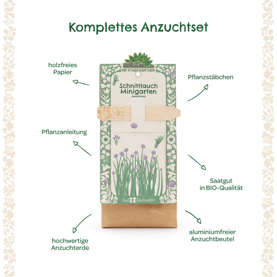 Komplettes Anzuchtset für Schnittlauch mit holzfreiem Papier, Pflanzstäbchen, Pflanzanleitung, hochwertiger Anzuchterde, BIO-Saatgut und aluminiumfreiem Anzuchtbeutel.