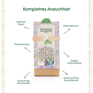 Komplettes Anzuchtset für einen Klimabaum-Minigarten mit Pflanzstäbchen, Pflanzanleitung, holzfreiem Papier, BIO-Saatgut, hochwertiger Anzuchterde und aluminiumfreiem Anzuchtbeutel.
