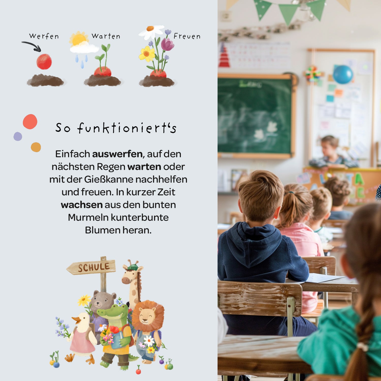 5 Blumenmurmeln im Tütchen zur Einschulung "Bus"