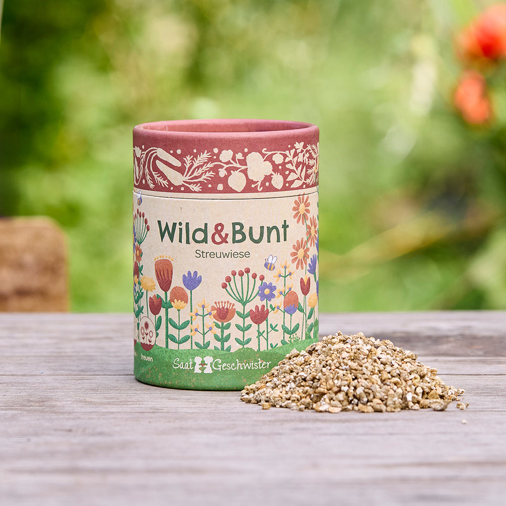 Streuwiese "Wild & Bunt" von Die Stadtgärtner | Dose mit einer farbenfrohen Wildblumenmischung für 5 m² Blumenwiese | Saatgut für eine bunte Blumenwiese mit über 20 Arten | Ideal als Geschenk für Gärt
