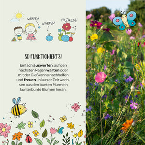 Illustration und Anleitung zum Pflanzen von Blumenmurmeln mit fröhlichen Zeichnungen von Kindern, einer Sonne, einer Biene, Blumen und einer bunten Blumenwiese im Hintergrund.